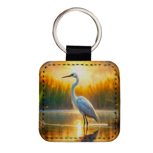 Egret Standing In Pond Backlit By The Sun Watercolor Square Faux Leather Keychain