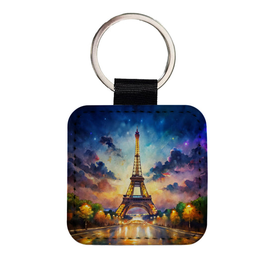 Eiffel Tower At Night Watercolor Square Faux Leather Keychain
