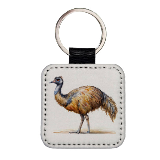 Emu Standing Watercolor Square Faux Leather Keychain