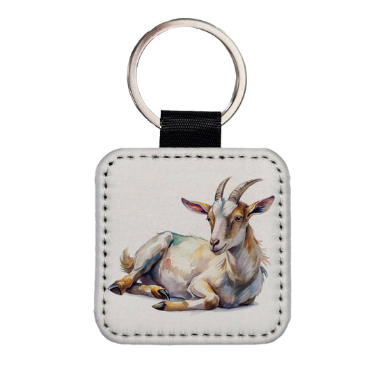 Fainting Goat Lying On Its Side Watercolor Square Faux Leather Keychain