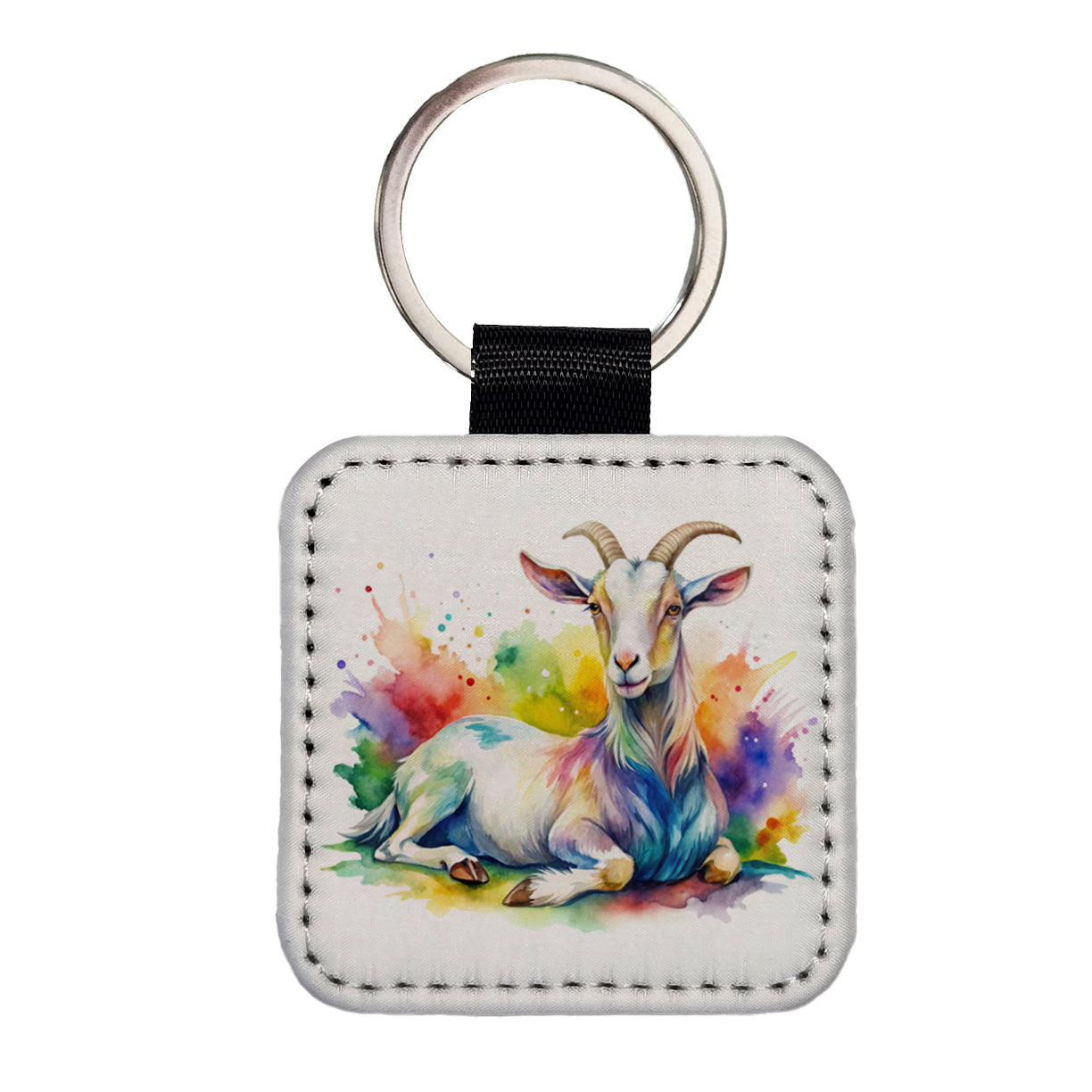 Fainting Goat Rainbow Colorful Watercolor Square Faux Leather Keychain