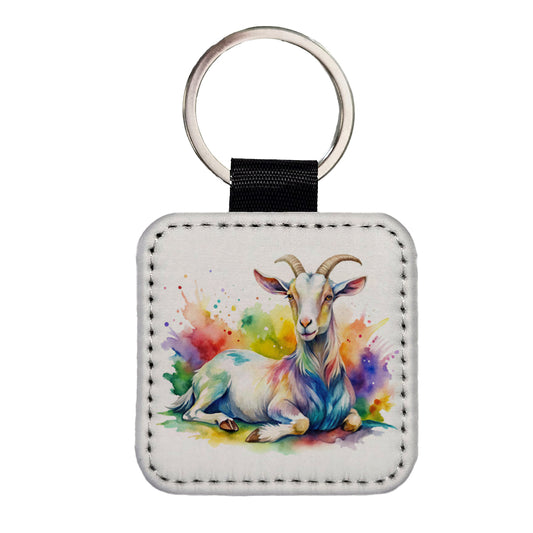 Fainting Goat Rainbow Colorful Watercolor Square Faux Leather Keychain