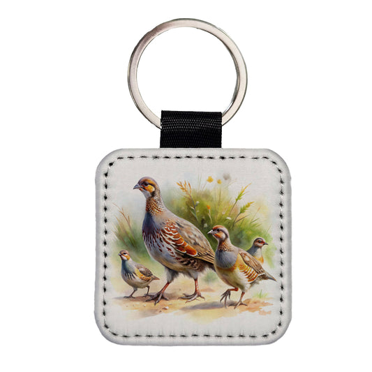Family Of Partridges Running Watercolor Square Faux Leather Keychain