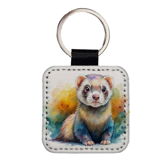 Ferret Colorful Watercolor Square Faux Leather Keychain
