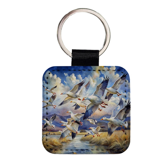 Flock Of Snow Geese In Flight Watercolor Square Faux Leather Keychain