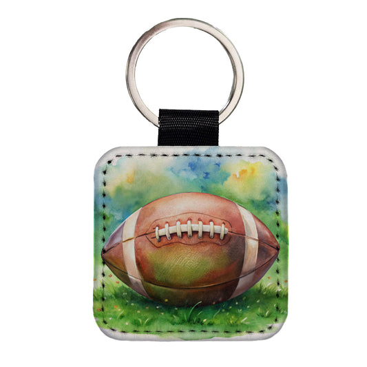 Football Ball On Field Watercolor Square Faux Leather Keychain