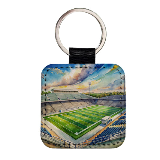 Football Game Field As Seen From Stadium Stands Watercolor Square Faux Leather Keychain