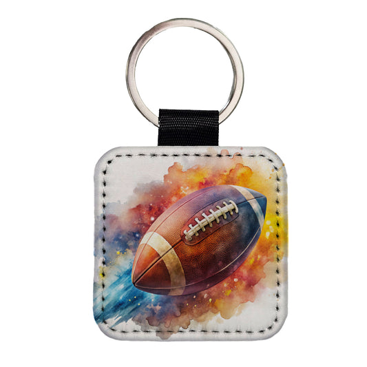 Football Rocketing Through The Air Watercolor Square Faux Leather Keychain