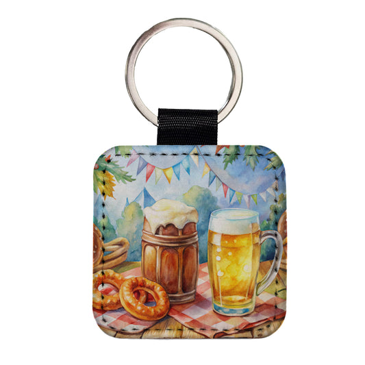 German Oktoberfest Beer Pretzel Watercolor Square Faux Leather Keychain