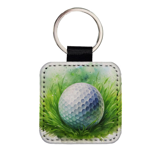 Golf Ball On Grass Watercolor Square Faux Leather Keychain