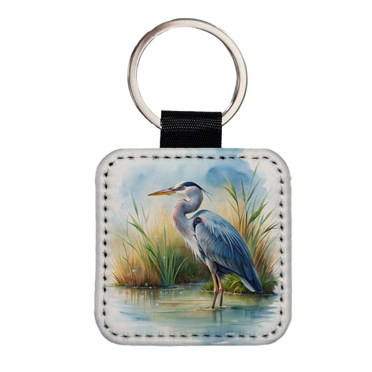 Great Blue Heron Standing In Marsh Pond Watercolor Square Faux Leather Keychain