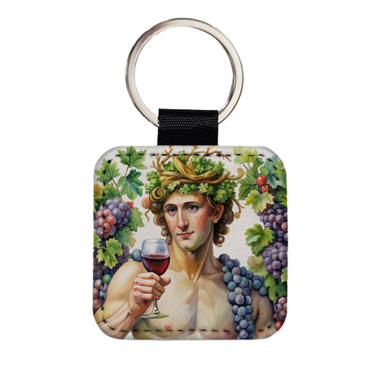 Greek God Bacchus With Wine And Grapes Square Faux Leather Keychain