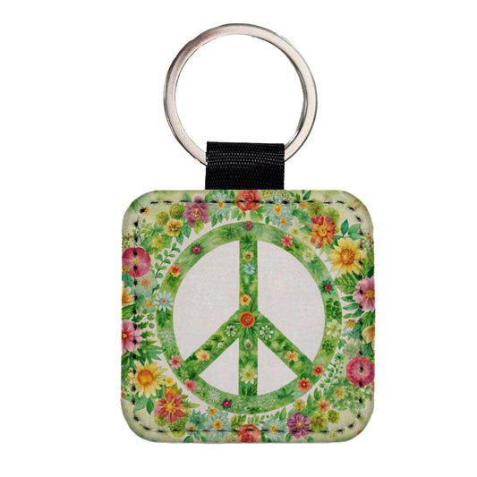 Green Peace Symbol Hippie Floral Watercolor Square Faux Leather Keychain