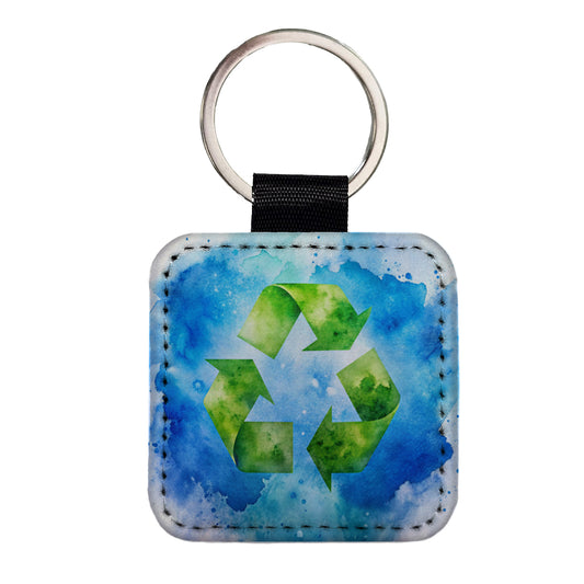 Green Recycle Symbol On A Blue Background Watercolor Square Faux Leather Keychain