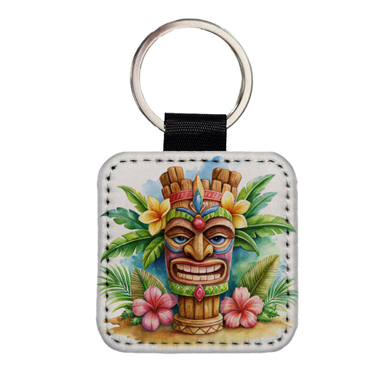 Hawaiian Tiki Statue Watercolor Square Faux Leather Keychain