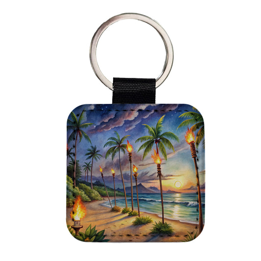 Hawaiian Tropical Beach Scene At Night Lit With Tiki Torches Square Faux Leather Keychain