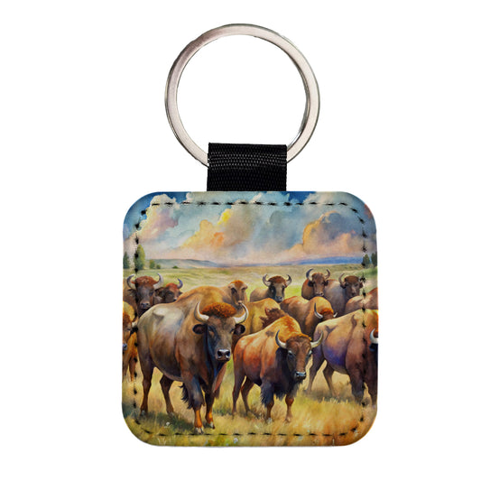 Herd Of Buffalo Bison On The Prairie Watercolor Square Faux Leather Keychain
