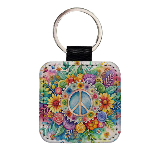 Hippie Peace Symbol Watercolor Square Faux Leather Keychain