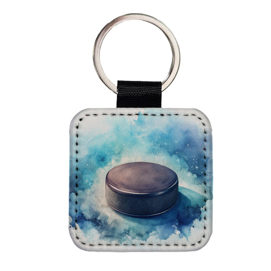 Hockey Puck On Ice Watercolor Square Faux Leather Keychain