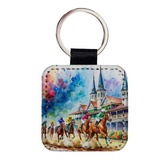 Horse Racing Derby Watercolor Square Faux Leather Keychain