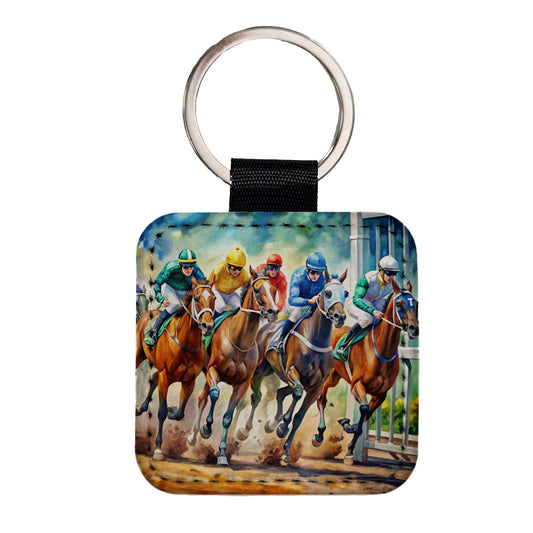 Horse Racing Track Square Faux Leather Keychain
