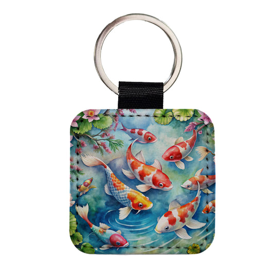 Japanese Koi Pond Scene Watercolor Square Faux Leather Keychain