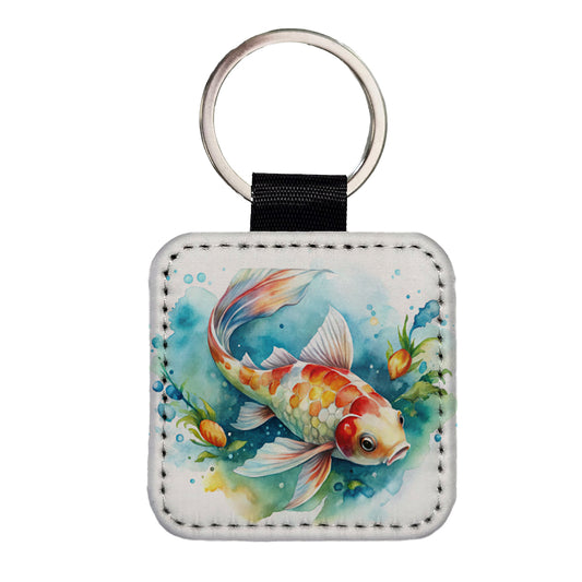 Koi Fish Watercolor Square Faux Leather Keychain