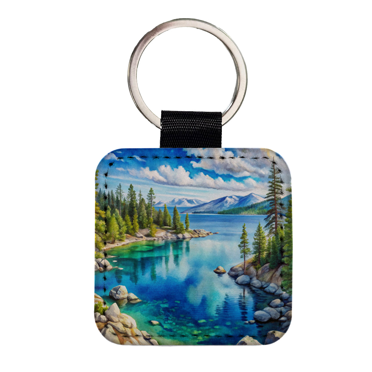 Lake Tahoe California Watercolor Square Faux Leather Keychain