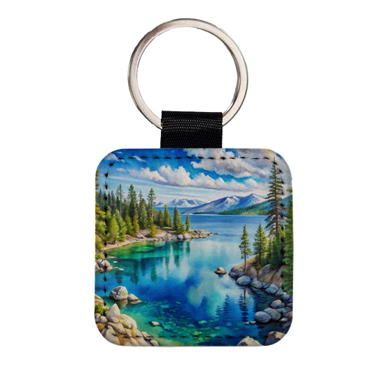Lake Tahoe California Watercolor Square Faux Leather Keychain