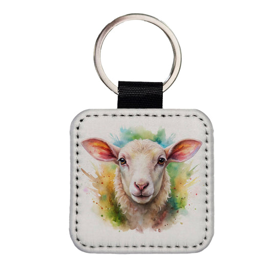 Lamb Face Watercolor Square Faux Leather Keychain