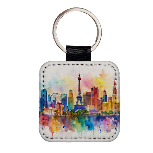 Las Vegas Nevada Watercolor Square Faux Leather Keychain