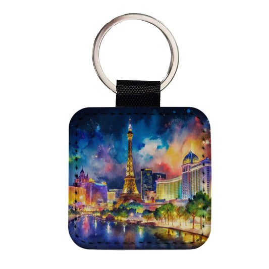 Las Vegas Strip At Night Watercolor Square Faux Leather Keychain