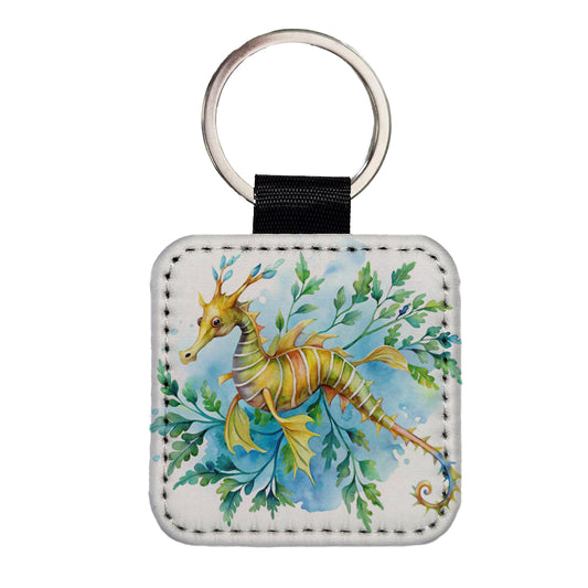 Leafy Seadragon Swimming Watercolor Square Faux Leather Keychain