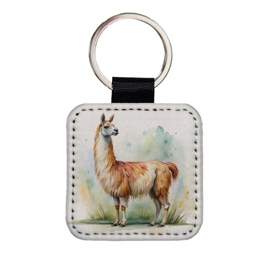 Llama Standing Watercolor Square Faux Leather Keychain