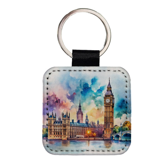 London Big Ben Scene Watercolor Square Faux Leather Keychain