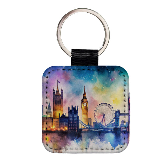 London Skyline At Night Scene Watercolor Square Faux Leather Keychain
