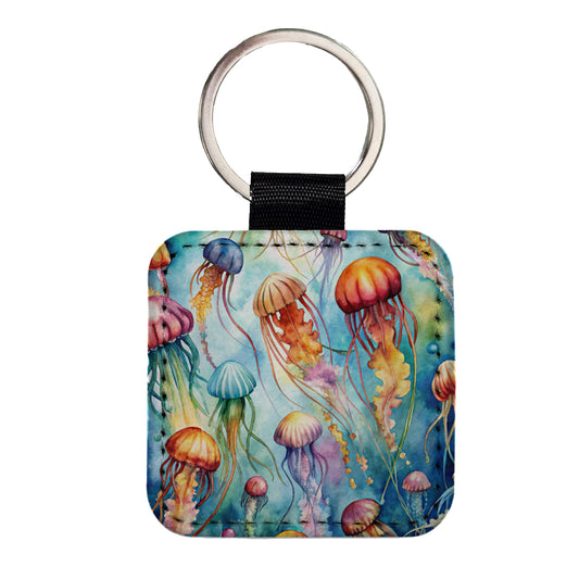 Lots Of Jellyfish Underwater Watercolor Square Faux Leather Keychain