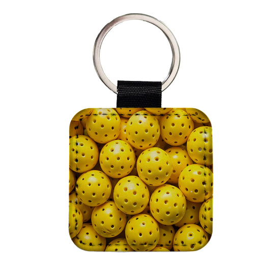 Lots Of Yellow Pickleball Balls Square Faux Leather Keychain