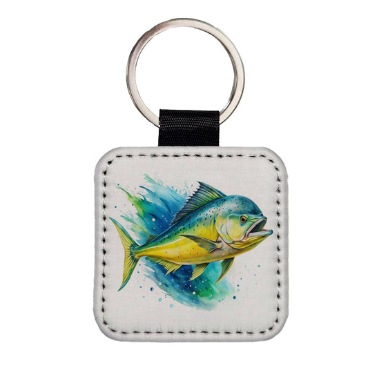 Mahi Mahi Fish Watercolor Square Faux Leather Keychain
