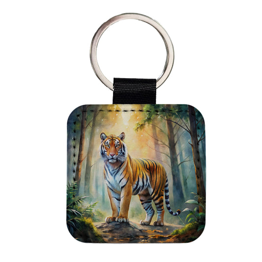 Majestic Tiger Standing In Forest Watercolor Square Faux Leather Keychain