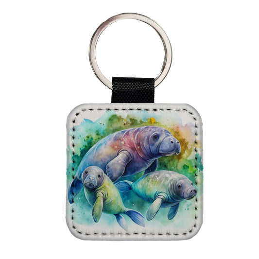 Manatees Family Watercolor Square Faux Leather Keychain