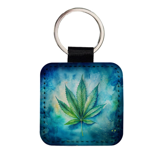 Marijuana Leaf on Blue Background Watercolor Square Faux Leather Keychain