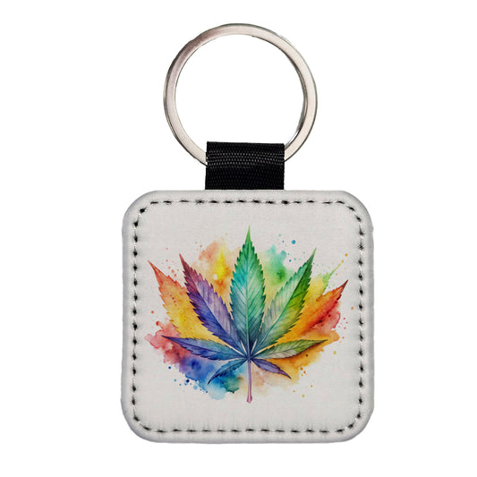 Marijuana Leaf Rainbow Watercolor Square Faux Leather Keychain