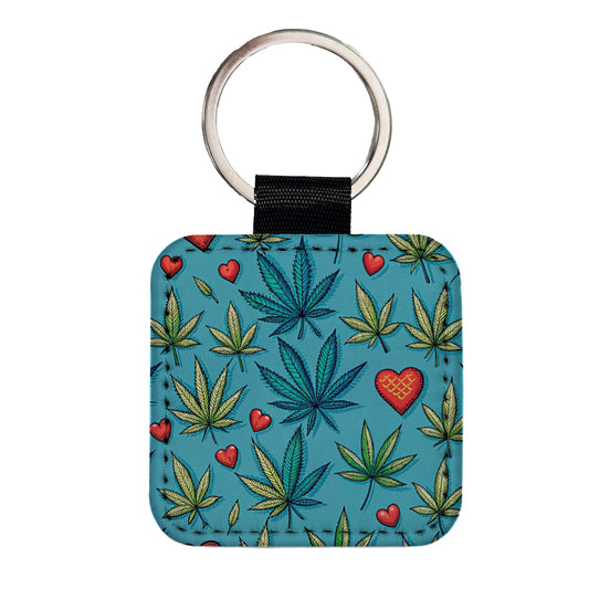 Marijuana Leaves And Hearts Blue Background Square Faux Leather Keychain