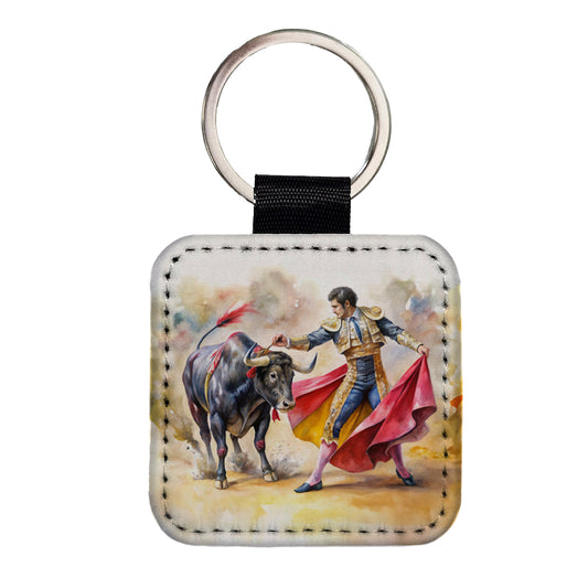 Matador And Bull Fighting In Ring Watercolor Square Faux Leather Keychain