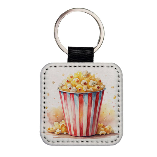 Movie Theater Popcorn Bucket Watercolor Square Faux Leather Keychain