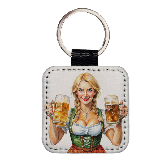 Oktoberfest German Barmaid With A Beer Mugs Square Faux Leather Keychain