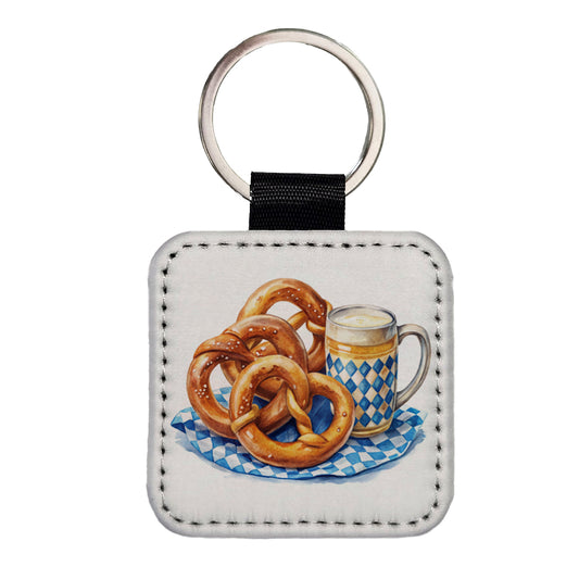 Oktoberfest German Pretzels Watercolor Square Faux Leather Keychain