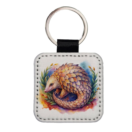 Pangolin Watercolor Square Faux Leather Keychain