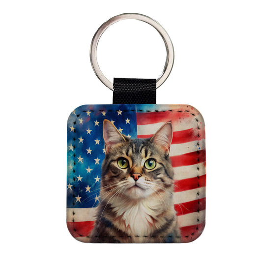 Patriotic Cat Watercolor American Flag Background Square Faux Leather Keychain